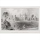 A monochromatic engraving of a grand estate with a sprawling lawn and distant figures.