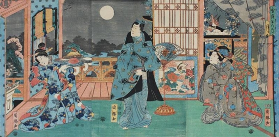 gentleman with two bijin in a palace - Utagawa Kunikiyo