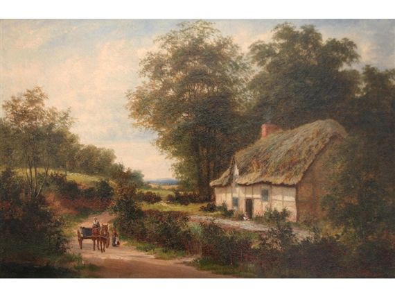 A rustic thatched cottage sits beside a dirt road where a horse-drawn cart travels through a sunlit countryside.