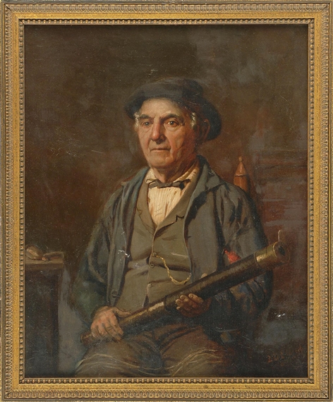 Portrait of a seated man holding a telescope