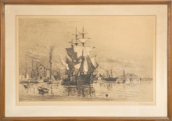 A whaleship leaving dock in New Bedford Harbor with a tug alongside