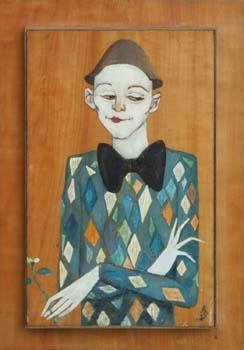 A stylized portrait of a figure in a diamond-patterned jacket and bow tie, with a serene expression and crossed arms.