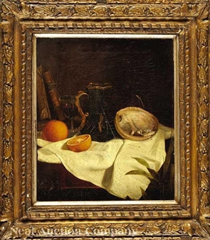 Still Life with Oranges, Books, Wine-Jug and Glass, and an Oyster-Shell Ashtray - John Burman