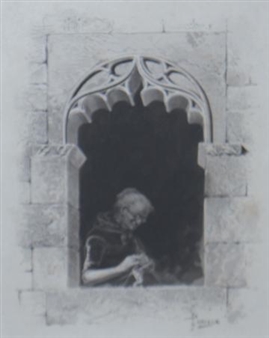 Woman Knitting in Window - P. Fahissa