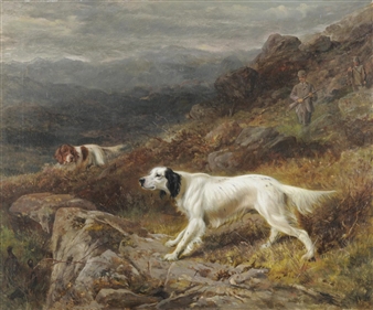 Gundogs and Sportsmen Shooting Upon a Moor, Mountains in the Distance - George Earl