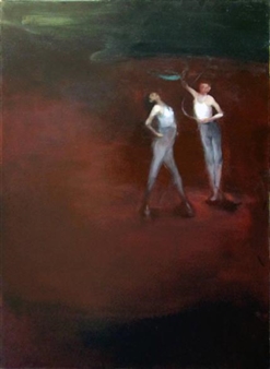 A moody painting of two figures in athletic wear against a dark, textured background.