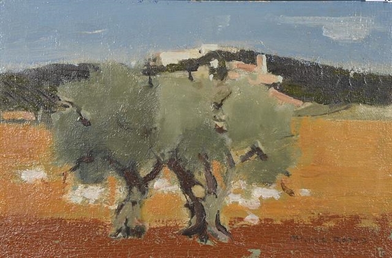 Continental landscape with olive trees and sheep by Michel Rodde