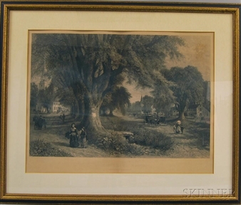 A framed etching of a rural scene featuring a massive tree, figures in period clothing, and distant buildings.