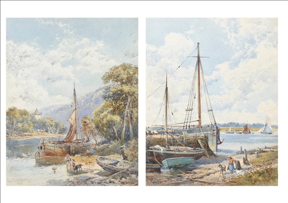 2 works: The Quay at Sloughden, Suffolk; At Neidestahmstein, Germany by Charles Edmund Rowbotham, 1886