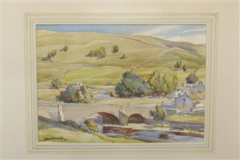 A watercolor landscape of a rural village nestled in rolling hills with a stone bridge over a river.