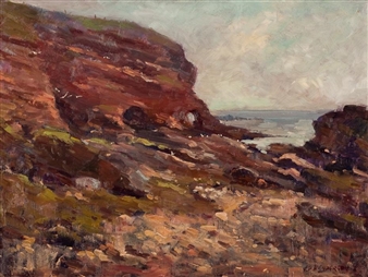 A rugged coastal landscape featuring steep reddish cliffs meeting a calm sea under an overcast sky.
