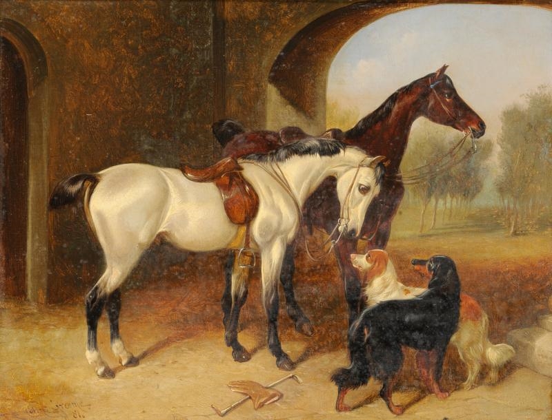 Colin Graeme Roe | Saddled horses in a stall with dog (1884) | MutualArt