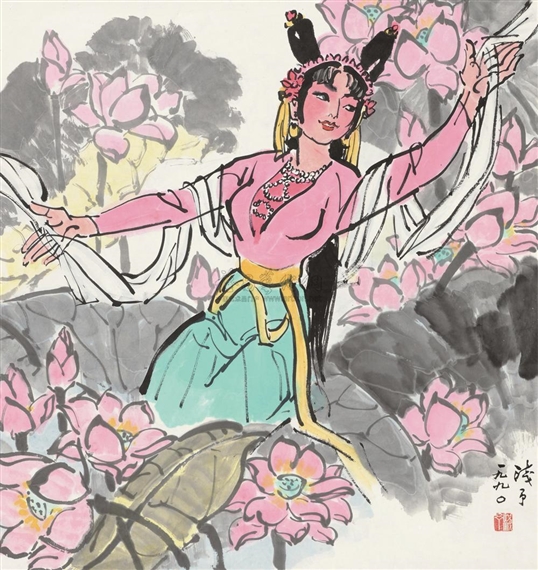 LOTUS AND GIRL by Ye Qianyu, 1990