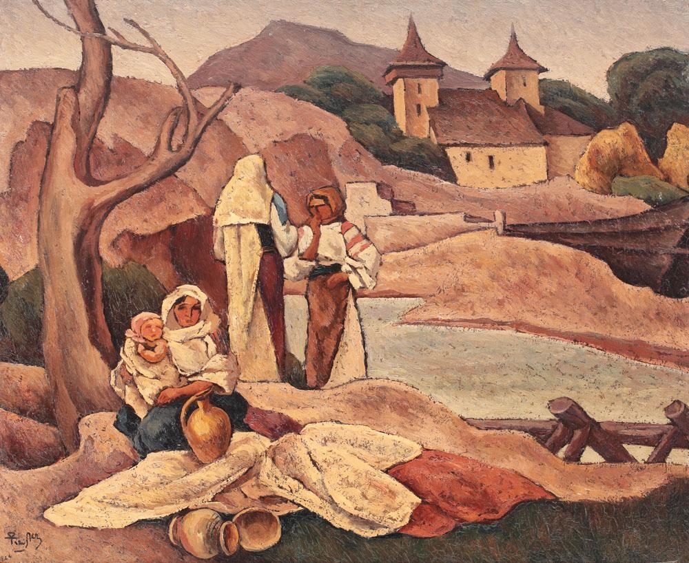 Artwork by Ion Theodorescu Sion, Composition Romanian motifs, Made of oil on board