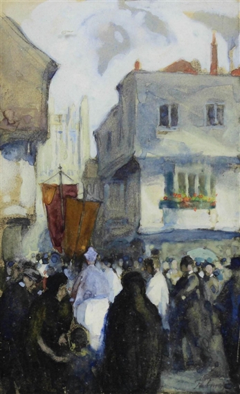 Mercery Lane, Canterbury - Roman Catholic Procession by Alfred Palmer, circa 1900