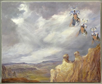 A dramatic landscape painting featuring figures emerging from clouds above a rocky cliff.