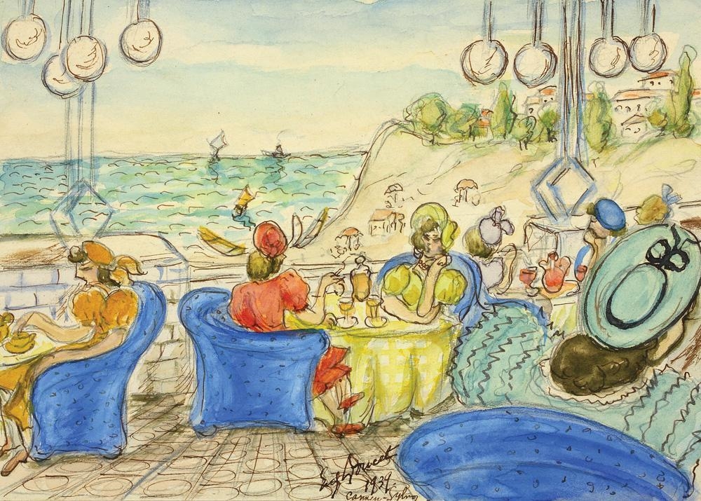 Artwork by Eugenia Doucet-Isbasescu, Terrace Carmen Sylva, Made of watercolor on paper