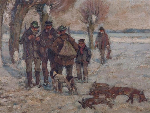 Smoking Hunters Next to Their Prey by Adolf Rheinert, Circa 1920