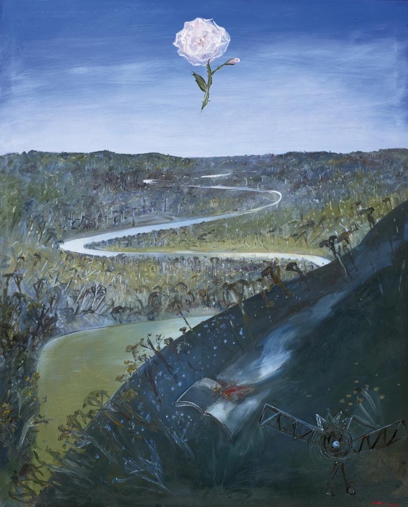 SHOALHAVEN RIVER WITH ROSE, BURNING BOOK AND AEROPLANE by Arthur Boyd, 1981