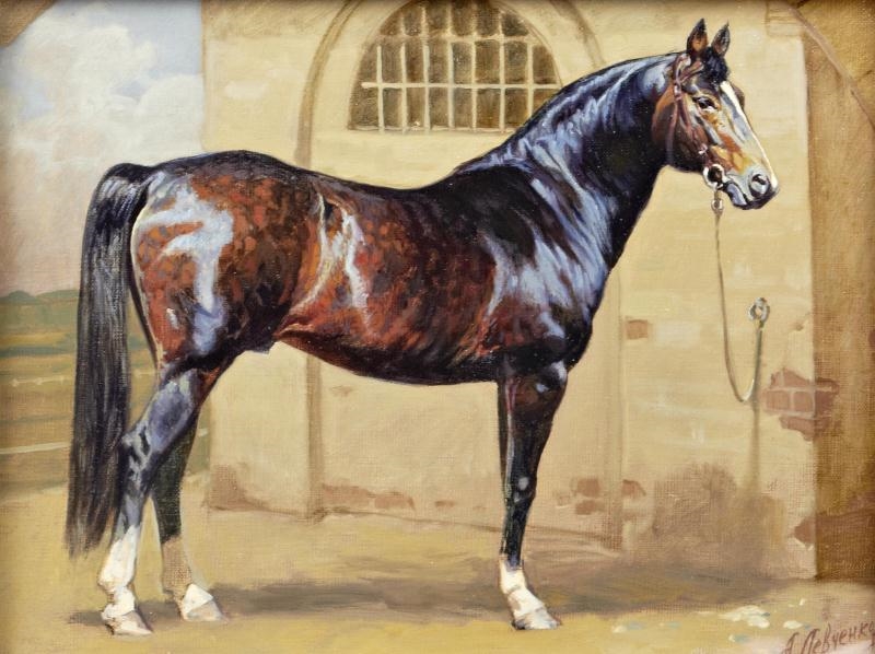 Artwork by Alexander Levchenkov, Akhal-Teke, a horse in a yard, Made of oil on canvas