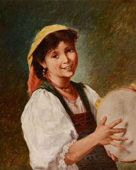 Portrait of a Gypsy girl playing the tambourine - Gustave Gutjeman
