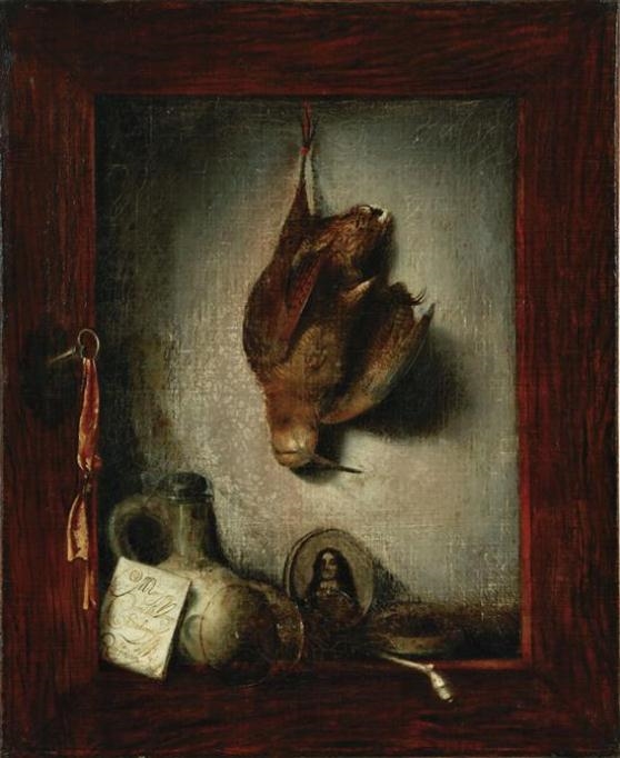 TROMPE L'OEIL WITH HANGING GAME, MINIATURE AND PAMPHLET by Dutch School, 17th Century