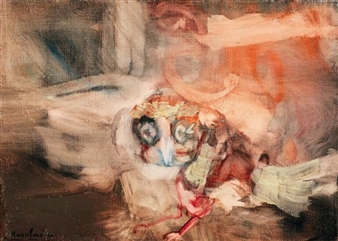 A chaotic expressionist painting of a masked figure in motion against a blurred background.
