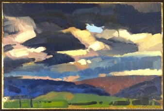 A dramatic landscape painting featuring a moody sky over rolling hills.