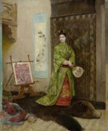 Interior with a noblewoman in Japanese costume by Auguste Blondel