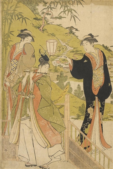 Oban tate-e; part of a triptych depicting Ushiwaka (Minamoto no Yoshitsune) serenading Joruri-hime with a flute by Torii Kiyonaga