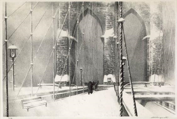 Brooklyn Bridge in Winter by Stow Wengenroth, 1959