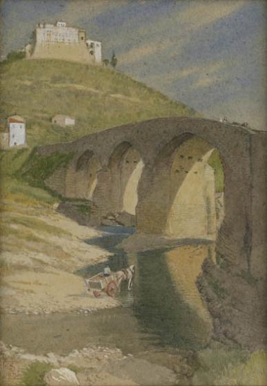 Artwork by Joseph Edward Southall, Ponte San Vittorino, Assisi, Made of Watercolor and gouache on paper
