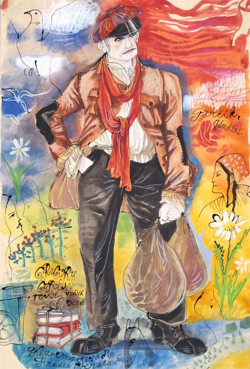 Artwork by Grigorij Gorin, Theatrical figure studies, Made of watercolour over pen and ink heightened with pastel