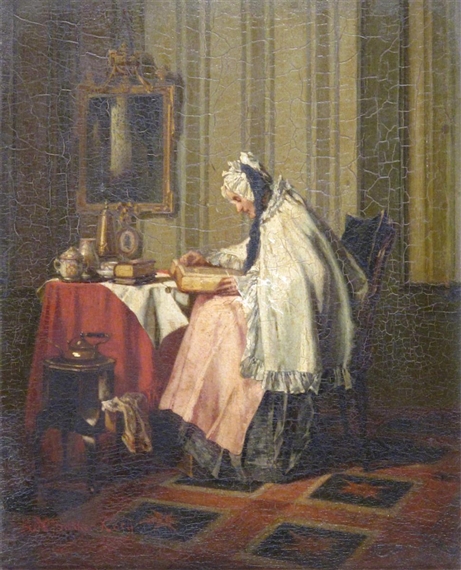 A lady seated in an interior, reading by Alexander Hugo Bakker Korff