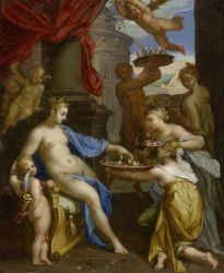 Venus honoured by the nymphs; they bring her flowers, fruits and white doves - Bartholomeus Spranger