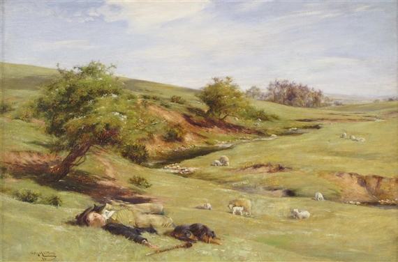 A shepherd and sheepdog resting in a moorland river landscape by Charles Martin Hardie, 1886