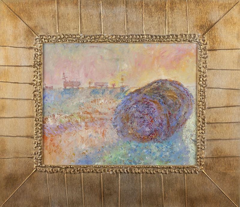 Artwork by Kathleen Jardine, Hay Bale at Sunrise, Made of oil on board