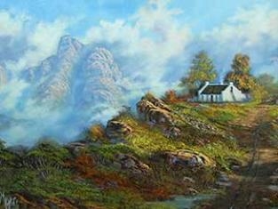 Artwork by Jente Meyer, Mountain Landscape with Cottage, Made of Oil