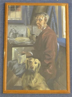 Interior with man drinking tea and labrador - Laurence Henry Forster Irving