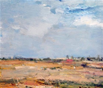 A landscape painting of a dry field under a vast sky.