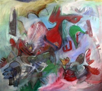 A chaotic abstract painting featuring a vibrant, swirling composition of red, green, and blue forms.