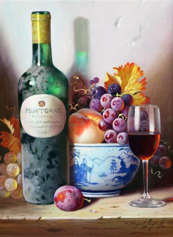 Raymond Campbell | Still life with wine bottle and bowl of fruit ...