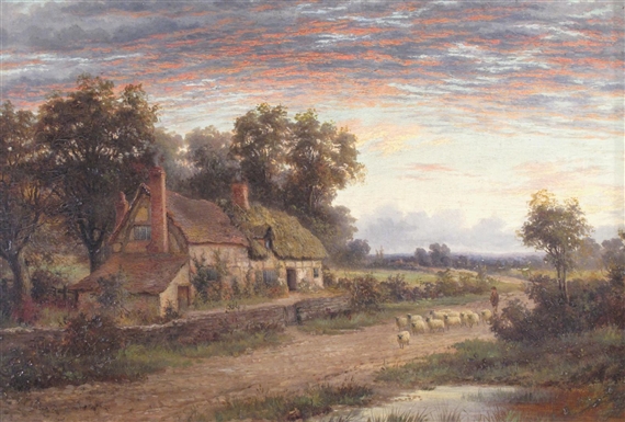 A pastoral landscape painting featuring a thatched cottage, a flock of sheep, and a dramatic sunset sky.