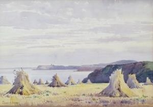 A serene landscape painting featuring scattered haystacks on a grassy shore under a soft, cloudy sky.