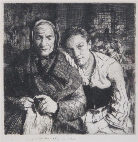 Grandmother knitting with young lady by William Lee-Hankey
