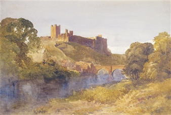 A watercolor landscape of a castle perched on a hill overlooking a river with an arched bridge.