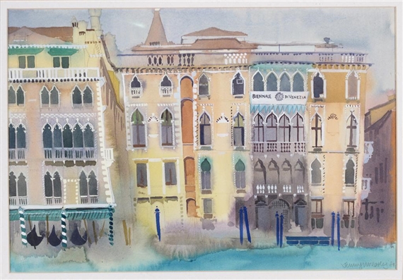 A watercolor scene of colorful canal-side buildings with gondolas in the foreground.