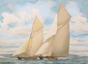 Artwork by Alan Crisp, Two J-Class Yachts, Made of Oil on canvas