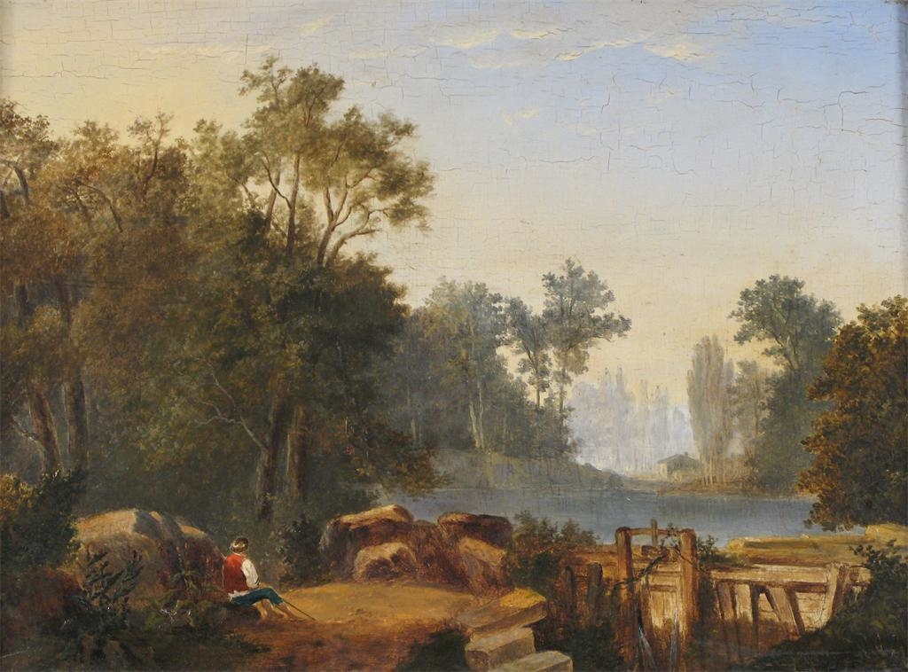 Artwork by A. A. Lieden, A boy by a lake near a sluice, Made of Oil on panel
