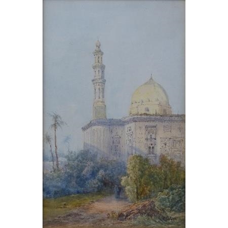 Eastern landscape scene with figures on a path by a mosque by Edwin St. John